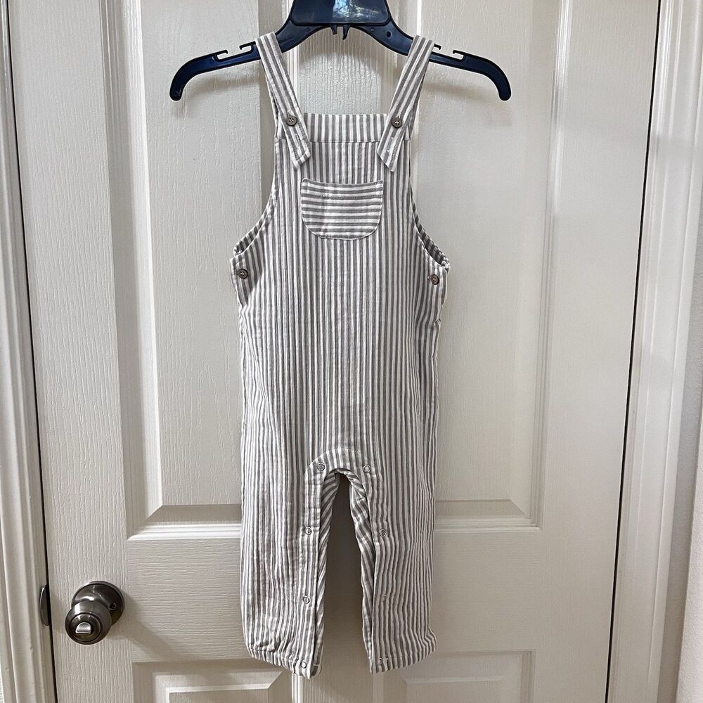 Rylee + Cru Olive Striped Cotton Baby Overalls Size 2-3 years